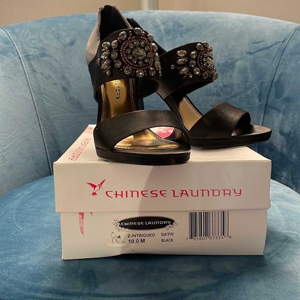 Chinese Laundry Black Satin Embellished Heels